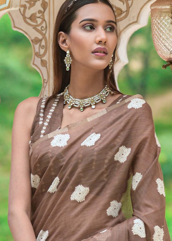 Brown Festive Woven Saree In Cotton