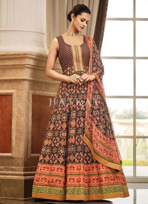 Brown Prints And Embroidered Traditional Indian Gown