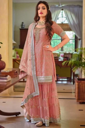 Coral Pink Georgette Embroidered Sharara Suit 1