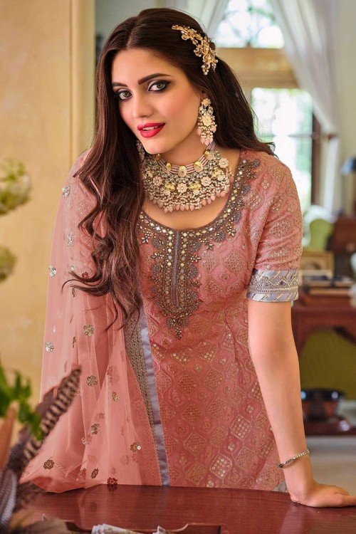 Coral Pink Georgette Embroidered Sharara Suit 1