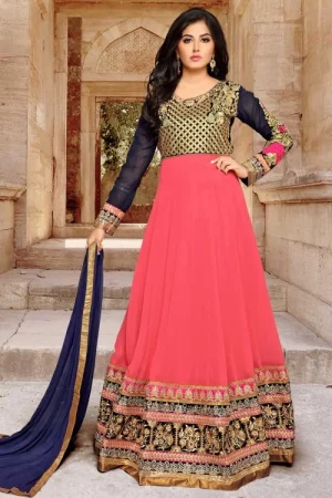 Coral Pink Georgette Gown Suit With Dupatta