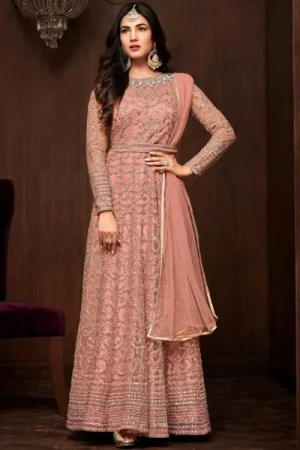 Coral Pink Indian Wear Soft Net Anarkali Suit