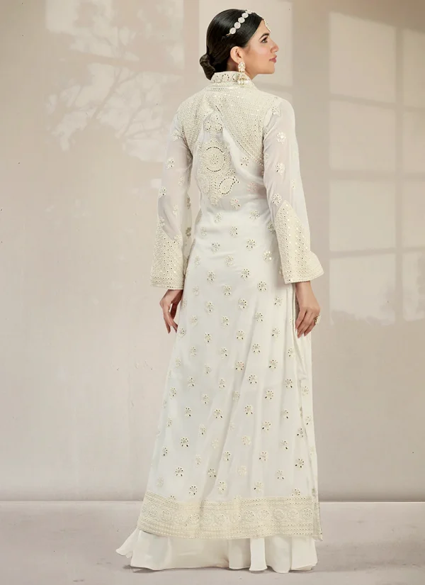 Cream White Mirror Work Embroidery Jacket Style Palazzo Suit
