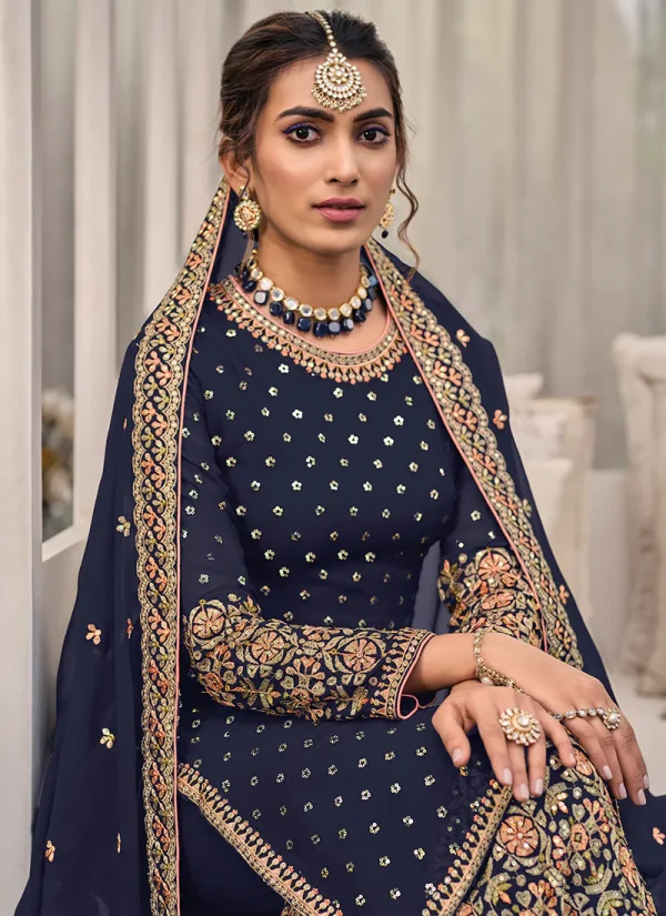 Dark Blue Multi Embroidered Traditional Palazzo Suit