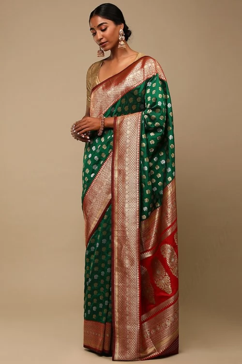 Green Banarasi Soft Silk Saree With Blouse| Order Now Banarasi Soft Silk  Saree Online|Jhakhas