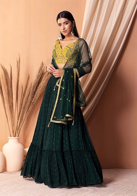 Dark Green Embroidered Tiered Lehenga Set With Contrast Blouse And Dupatta