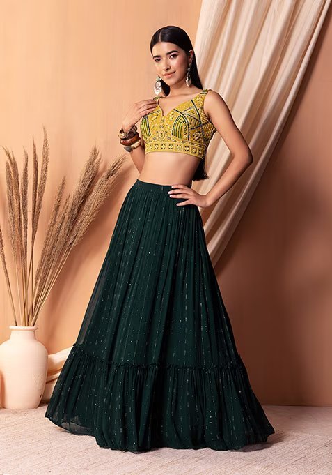 Dark Green Embroidered Tiered Lehenga Set With Contrast Blouse And Dupatta