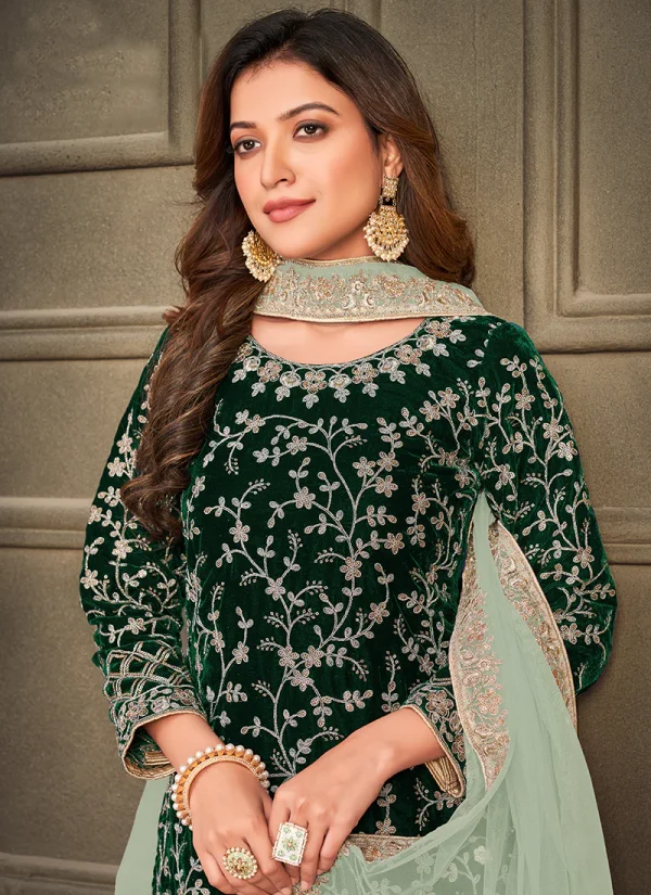 Dark Green Embroidery Traditional Palazzo Suit