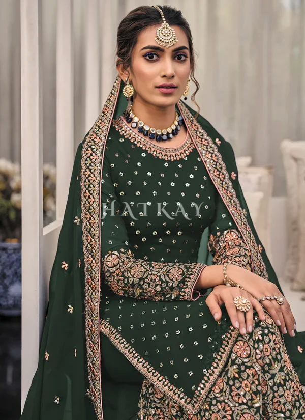 Dark Green Multi Embroidered Traditional Palazzo Suit