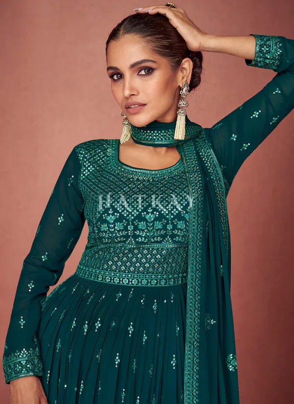 Dark Green Sequence Embroidery Traditional Palazzo Suit