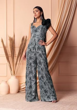 Dark Green Sequin Embroidered Abstract Print Jumpsuit