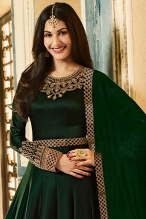 Dark Green Silk Embroidered Eid Special Anarkali Suit