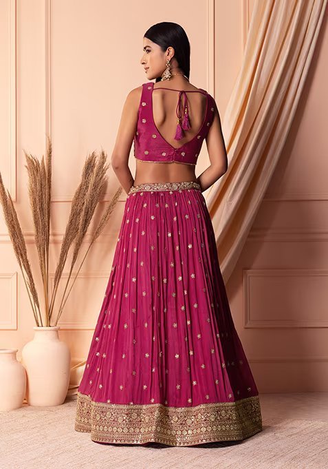 Dark Pink Zari And Sequin Embroidered Lehenga Set With Blouse And Dupatta