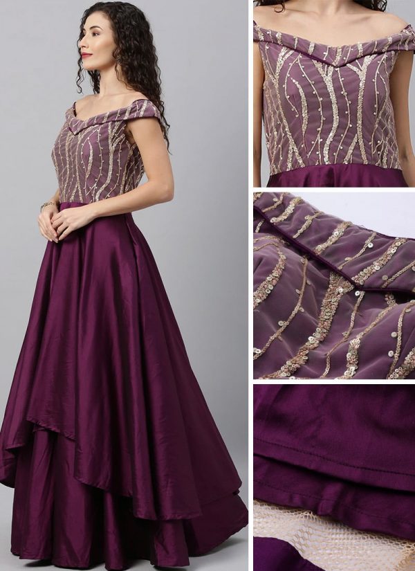 Dark Purple Embroidered Off Shoulder Gown Party Wear