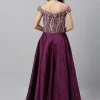 Dark Purple Embroidered Off Shoulder Gown Party Wear