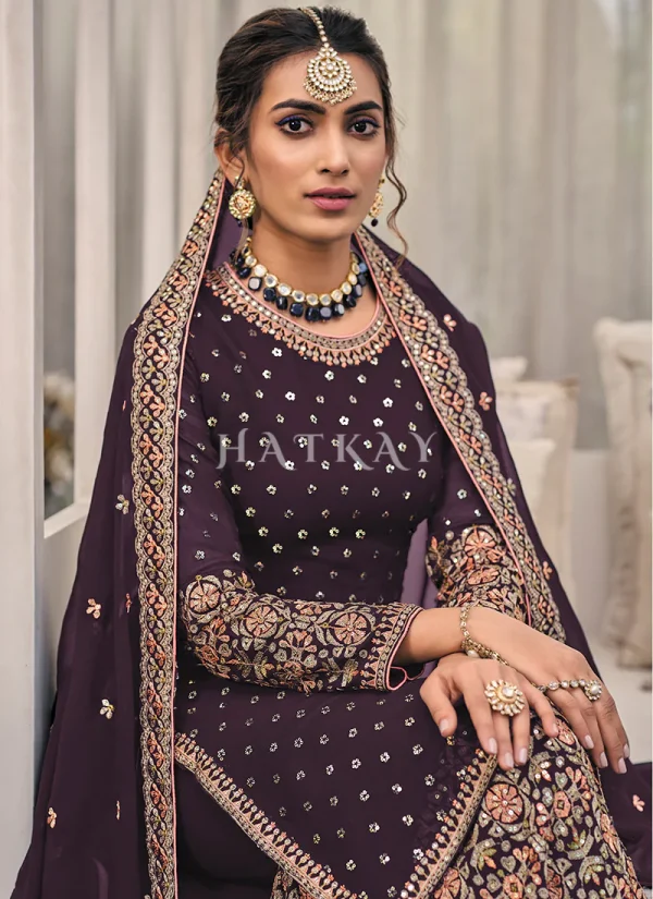 Dark Purple Multi Embroidered Traditional Palazzo Suit