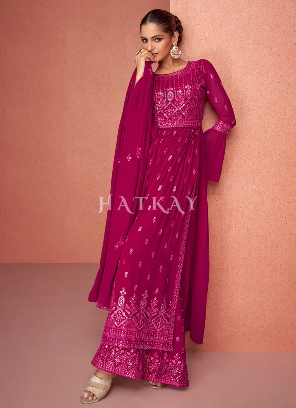 Deep Pink Sequence Embroidery Traditional Palazzo Suit