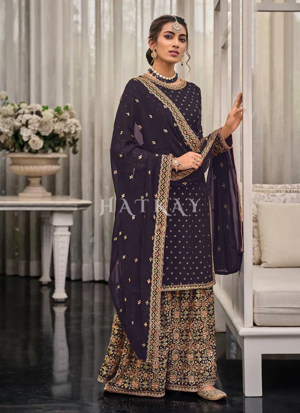 Deep Purple Multi Embroidered Traditional Palazzo Suit