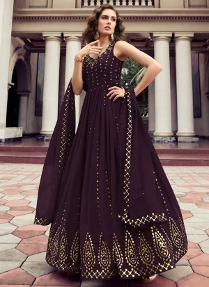 Deep Purple Sequence Embroidery Wedding Anarkali Gown