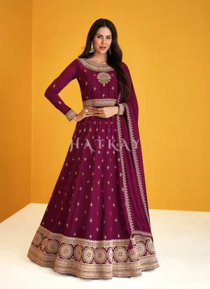 Deep Wine Embroidered Silk Traditional Anarkali Suit