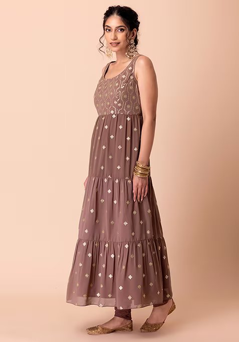 Dull Pink Sequin And Zari Embroidered Tiered Anarkali Suit Set With Churidar And Dupatta