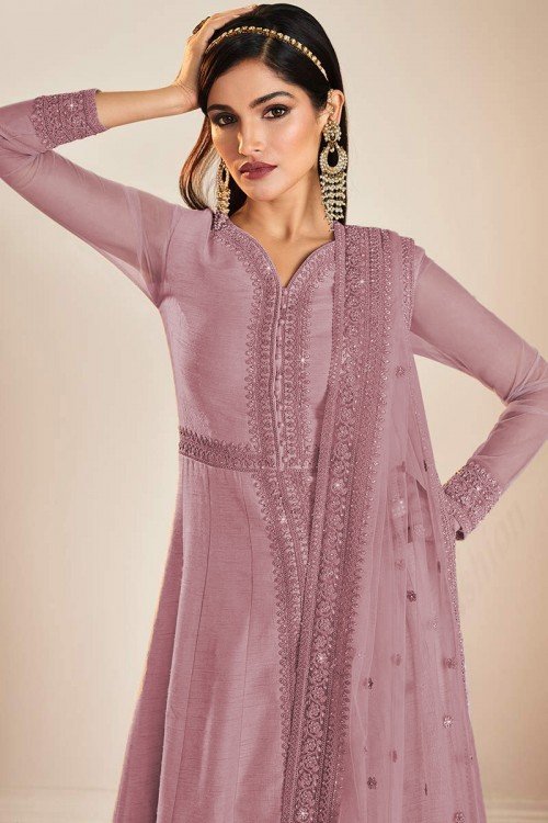 Dusty Mauve Silk Embroidered Anarkali Suit 1