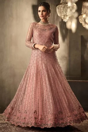 Dusty Pink Net Anarkali Suit With Beads Work 1