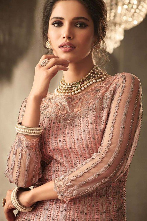 Dusty Pink Net Anarkali Suit With Beads Work 1