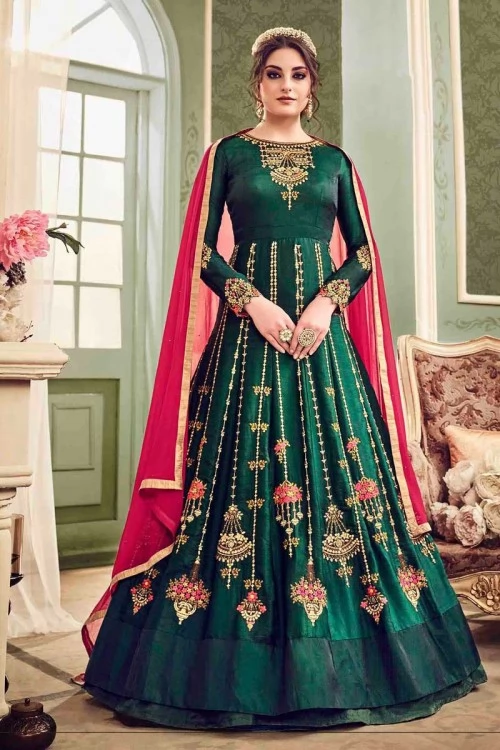 Eid Anarkali Gown In Castleton Green Color With Resham Embroidered 1