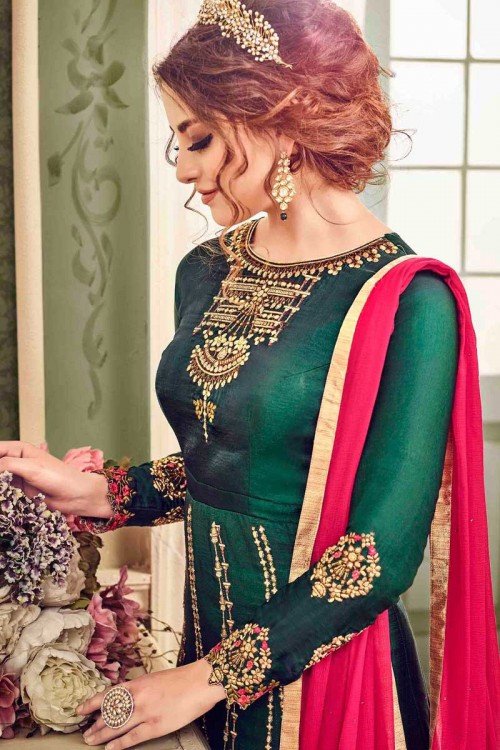 Eid Anarkali Gown In Castleton Green Color With Resham Embroidered 1