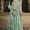 Eid Special Raw Silk Anarkali Suit In Dusty Green Color