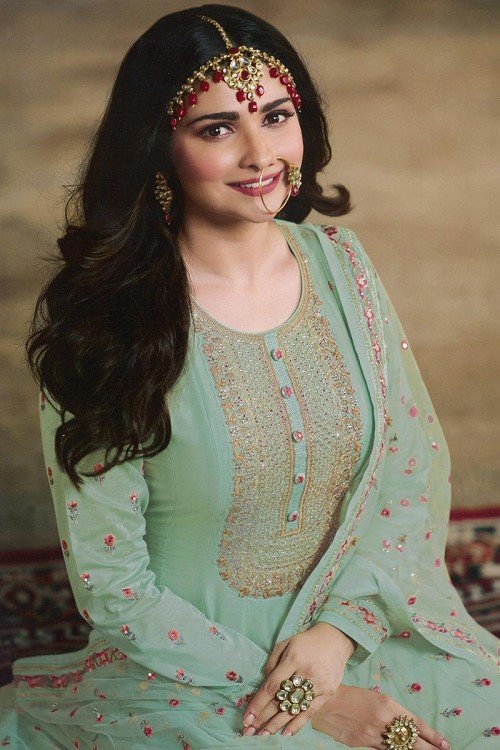 Eid Special Raw Silk Anarkali Suit In Dusty Green Color