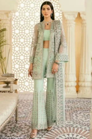 Embroidered Georgette Mint Green Jacket Style Suit 1