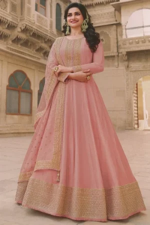 Embroidered Soft Silk Salmon Pink Anarkali Suit
