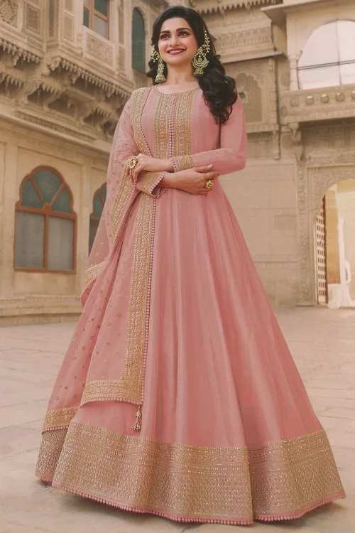 Embroidered Soft Silk Salmon Pink Anarkali Suit 1