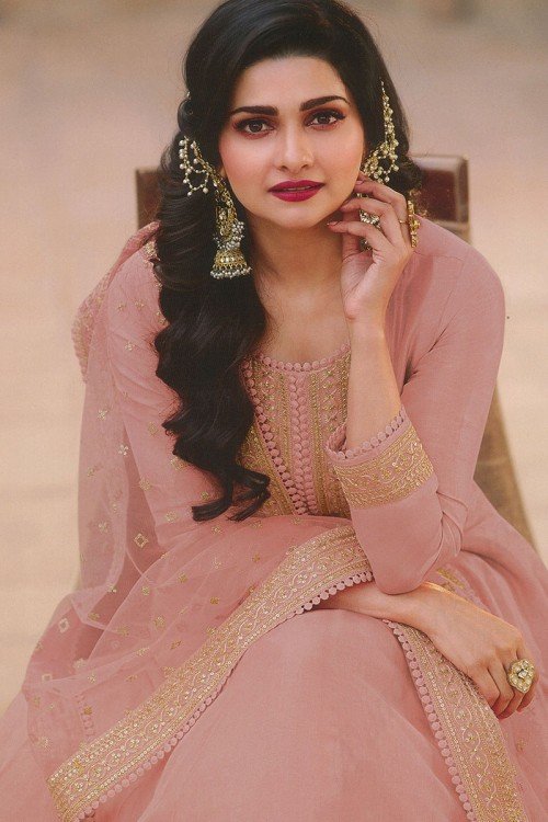 Embroidered Soft Silk Salmon Pink Anarkali Suit