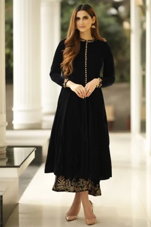 Embroidered Velvet Anarkali Suit In Black Colour 1