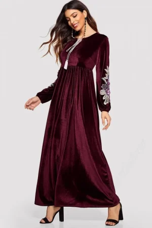 Embroidered Velvet Modest Gown In Brick Red Colour 1
