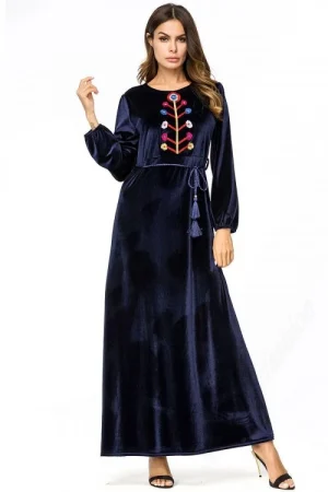 Embroidered Velvet Modest Gown In Dark Navy Blue Colour 1