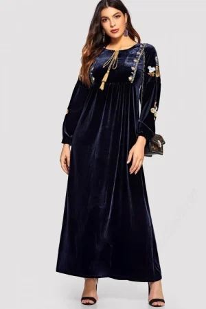 Embroidered Velvet Modest Gown In Midnight Blue Colour
