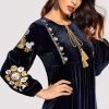Embroidered Velvet Modest Gown In Midnight Blue Colour