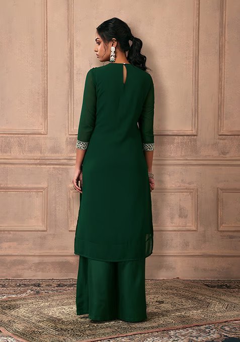 Emerald Green Lurex Embroidered Kurta Set With Palazzo Pants And Dupatta