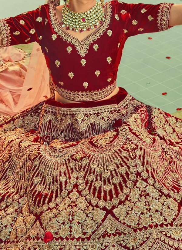 Garnet Maroon Velvet Heavy Embroidered N Stones Umbrella Lehenga Wedding Wea