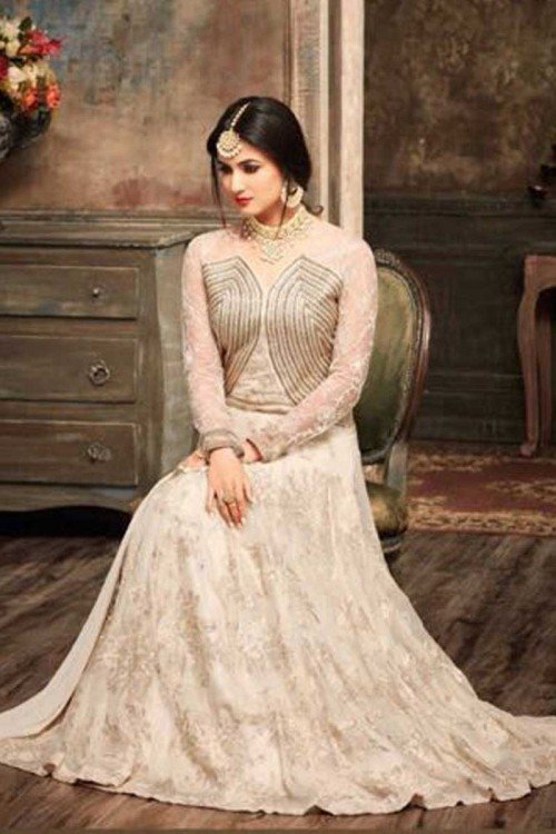 Georgette Anarkali Churidar Suit With Dupatta In White Color 2