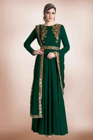 Georgette Bottle Green Embroidered Dress With Dupatta Chiffon