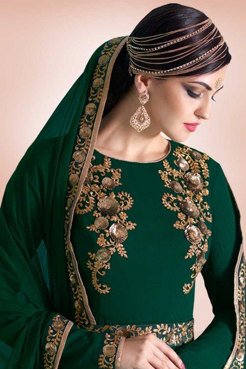 Georgette Bottle Green Embroidered Dress With Dupatta Chiffon