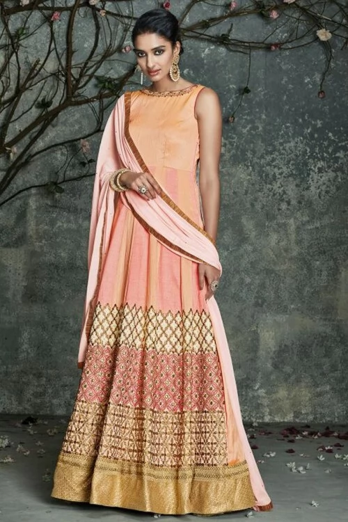 Gorgeous Peach Silk Embroidered Anarkali Gown