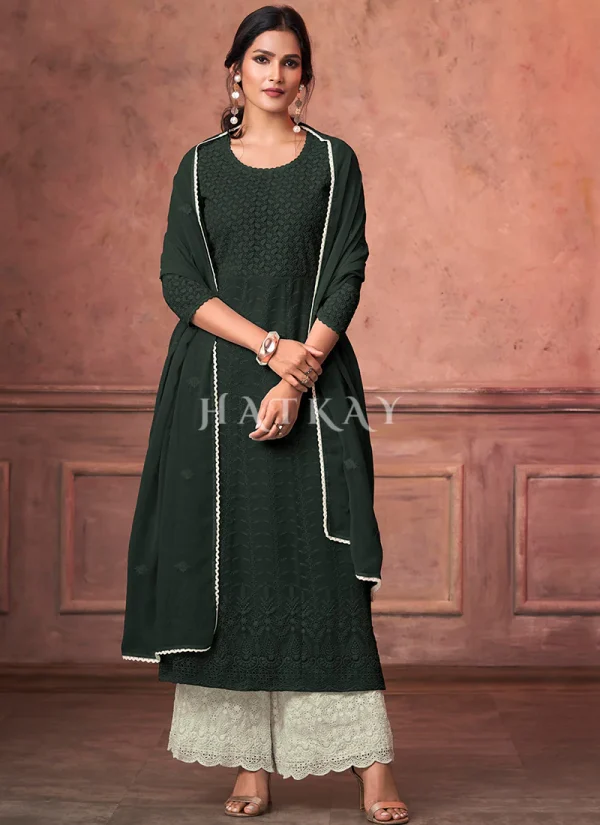Green And Off White Designer Embroidery Palazzo Suit