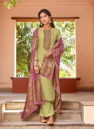 Green And Pink Embroidered Pant Style Salwar Suit