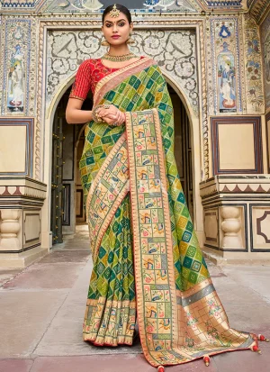 Green And Red Multi Embroidery Traditional Silk Saree